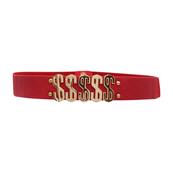 Women Red Color Elastic Waistband Skinny Belt Gold Dollar Sign $$$ Size S M z007 - Picture 3 of 16